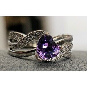 925 Silver New Heart Cut Purple Amethyst Solid Engagement Ring 2.78Ct 5.5 Size